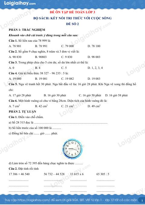 Đề ôn hè Toán 3 lên 4 có lời giải chi tiết - Đề 2